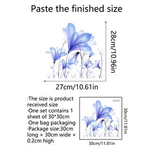 Self-adhesive blue floral wall sticker for bathrooms, 30x30cm size specifications