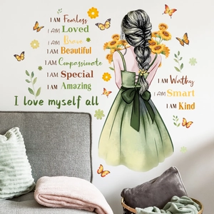 Inspirational woman with sunflowers wall sticker and positive English quotes decor