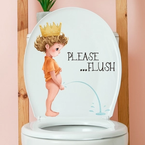 Cartoon boy with crown toilet seat sticker with Please Flush instructional text
