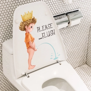 Waterproof PVC toilet sticker with crown cartoon boy and PLEASE FLUSH lettering