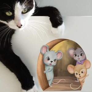 Close-up of 3D cartoon mouse hole wall sticker with a cat interacting for realism
