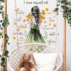 Sunflower girl wall decal with butterflies and positive quotes for home decoration