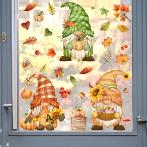 Fall gnome window clings with pumpkins, maple leaves and sunflowers for autumn home decoration