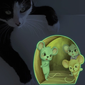 Luminous cartoon mouse hole wall sticker glowing in dark with curious cat background