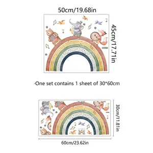 Size guide for cartoon elephant and fox wall stickers showing layout and finished dimensions