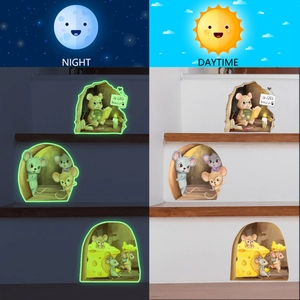 Luminous cartoon mouse hole wall stickers showing daytime color and green night glow effect