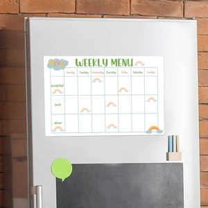 Rainbow weekly menu whiteboard sticker for meal planning on a refrigerator surface