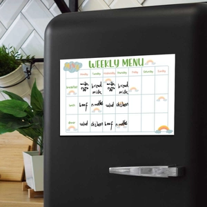 Detailed view of self-adhesive rainbow weekly meal planner whiteboard on a black fridge