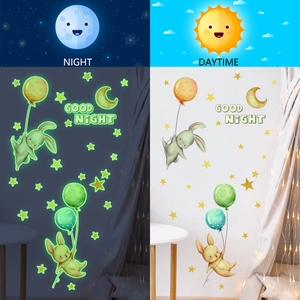 Luminous wall stickers with cute rabbits, balloons, stars, and moon in day and night views