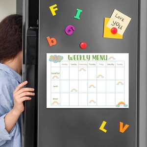 Rainbow magnetic weekly menu whiteboard for fridge with 21 meal sections and illustrations
