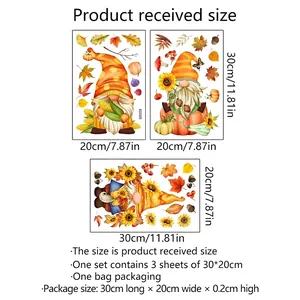 Size chart showing three 30x20cm sheets of autumn gnome window stickers with pumpkin motifs
