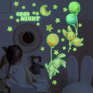 Glow In The Dark Wall Stickers Luminous PVC Cartoon Rabbit Moon Star Decals For Kids Nursery Bedroom Decor