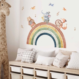 Detail of watercolor elephant and fox wall stickers with rainbow and musical notes