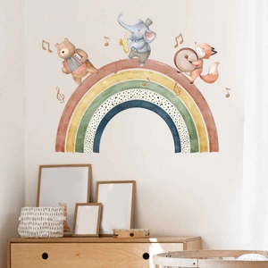 Cartoon animal and rainbow wall decals for nursery decor in soft watercolor style