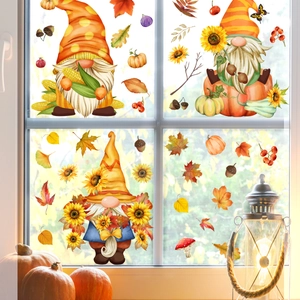 Fall window clings set featuring cute gnomes pumpkins and maple leaves for home decor