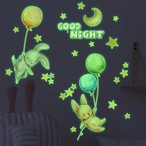 Luminous cartoon rabbit wall stickers with stars and moon for night glow wall decoration