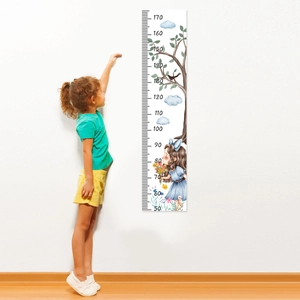Sticker mural règle de croissance enfant avec fille cartoon et arbre, échelle 50-170cm