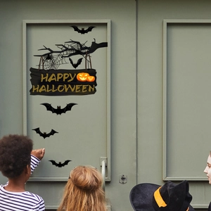 Halloween wall stickers set featuring black bats, spider webs, and Happy Halloween signs