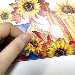 Detail of transparent fall window sticker with vibrant sunflower and maple leaf designs