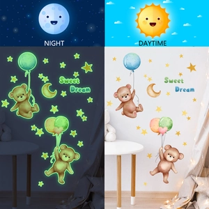 Stickers muraux oursons lumineux avec ballons et étoiles pour chambre d'enfant