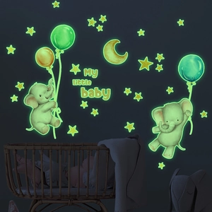 Luminous Wall Stickers Glow In The Dark Elephant Balloon Stars Moon PVC Nursery Kids Room Decor Cartoon Self-Adhesive