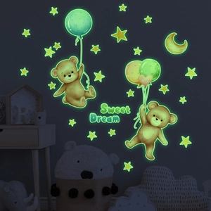 Stickers Muraux Lumineux Phosphorescent Ours Dessin Animé Ballons Étoiles Lune PVC Autocollants Pour Chambre Bébé