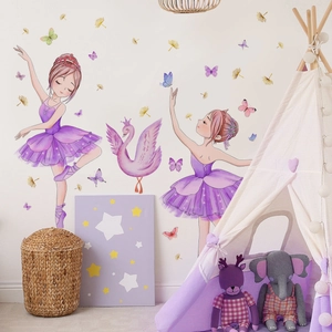 Nursery wall stickers with ballerina girls, pink swan and butterflies for kids room decor