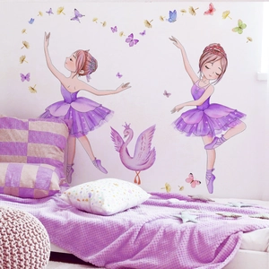 Dreamy ballerina girl wall stickers with butterflies and swan for nursery room decor