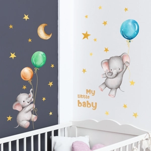 Nursery wall decals featuring watercolor elephant, stars and My little baby text decor