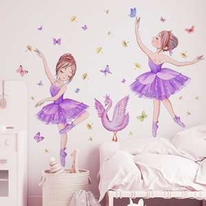 Ballerina and swan wall decals with purple watercolor butterflies for girls' bedroom