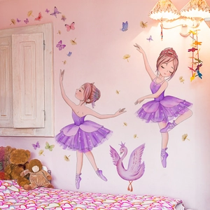 Ballet Girl Swan Butterfly Wall Stickers PVC Self Adhesive Removable Watercolor Decals Kids Bedroom Girls Room Decor