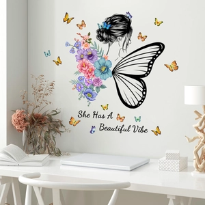 Floral Butterfly Girl Silhouette Wall Sticker She Has A Beautiful Vibe Quote PVC Art Decal For Bedroom Living Room Decor