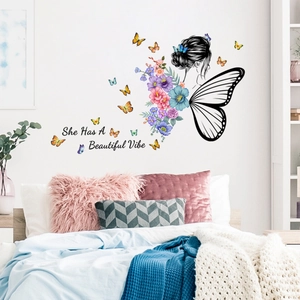 Floral butterfly wall sticker with female face and She Has A Beautiful Vibe quote