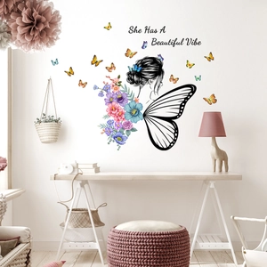 Floral butterfly girl wall sticker with She Has A Beautiful Vibe quote for living room decor