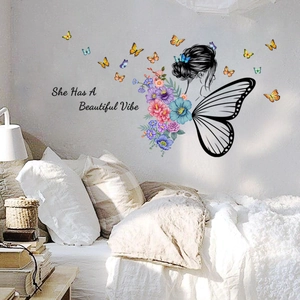 Floral butterfly wall sticker with 'She Has A Beautiful Vibe' text for living room decor