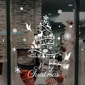 White Christmas window sticker with deer, snowflakes and festive tree design