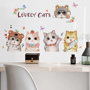 Cartoon kitten wall stickers with butterflies and LOVELY CATS text for kids' room