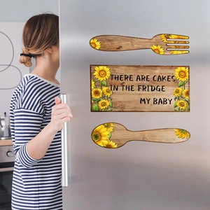 Three-piece sunflower fridge magnet set with rustic wood grain and floral kitchen design