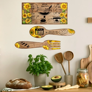 Three-piece sunflower wooden kitchen wall decor set with spoon, fork, and recipe board