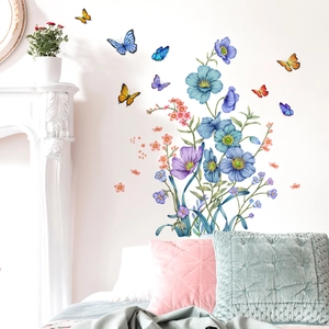 Self-adhesive wall sticker with purple floral plants and colorful butterflies for home decor