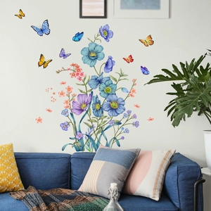 Purple floral and butterfly wall stickers for living room decor with blue flowers