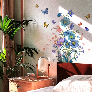 Blue and purple botanical flower wall decals with colorful butterflies for home decor