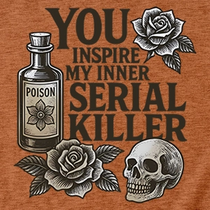 Detail of vintage skull, roses, and POISON graphic print on orange textured cotton T-shirt