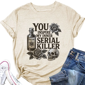 Detail view of retro skull and rose print on a round neck t-shirt with text engraving