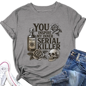 Detail of gothic skeleton and poison bottle graphic on a grey crewneck t-shirt