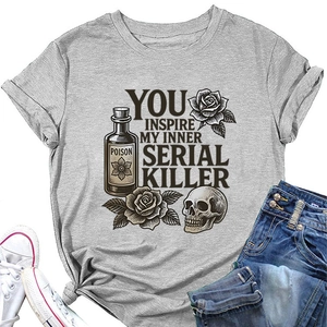Detailed view of grey t-shirt with You Inspire My Inner Serial Killer gothic print