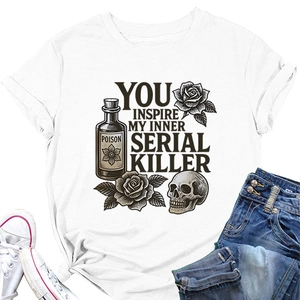 Flat lay of a white gothic t-shirt featuring skull, rose, and poison bottle graphics
