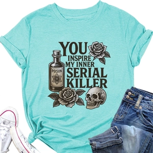 Detail of light blue T-shirt with vintage skull, rose and slogan screen print graphic