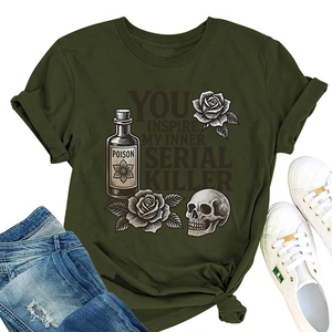 Detail of olive green t-shirt with Poison bottle, roses, and gothic slogan text print