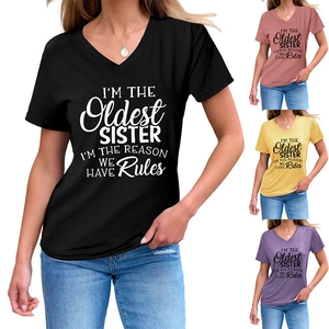 Detail of V-neck short sleeve shirt with 'Oldest Sister' quote in various color options